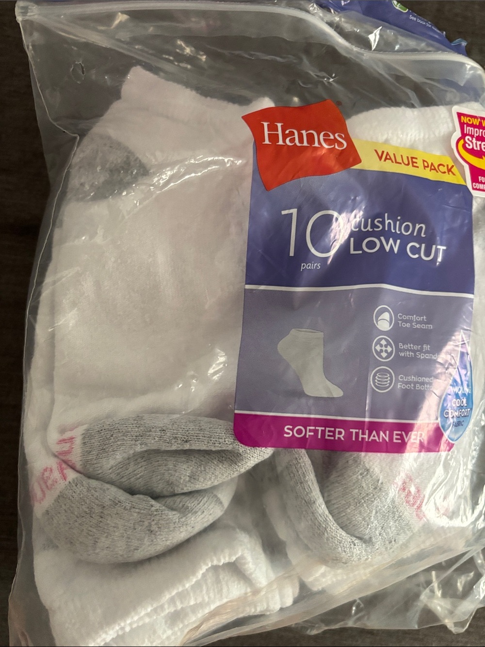 Women’s Hanes White Low-Cut Athletic Socks with Gray Heels and Pink Logo